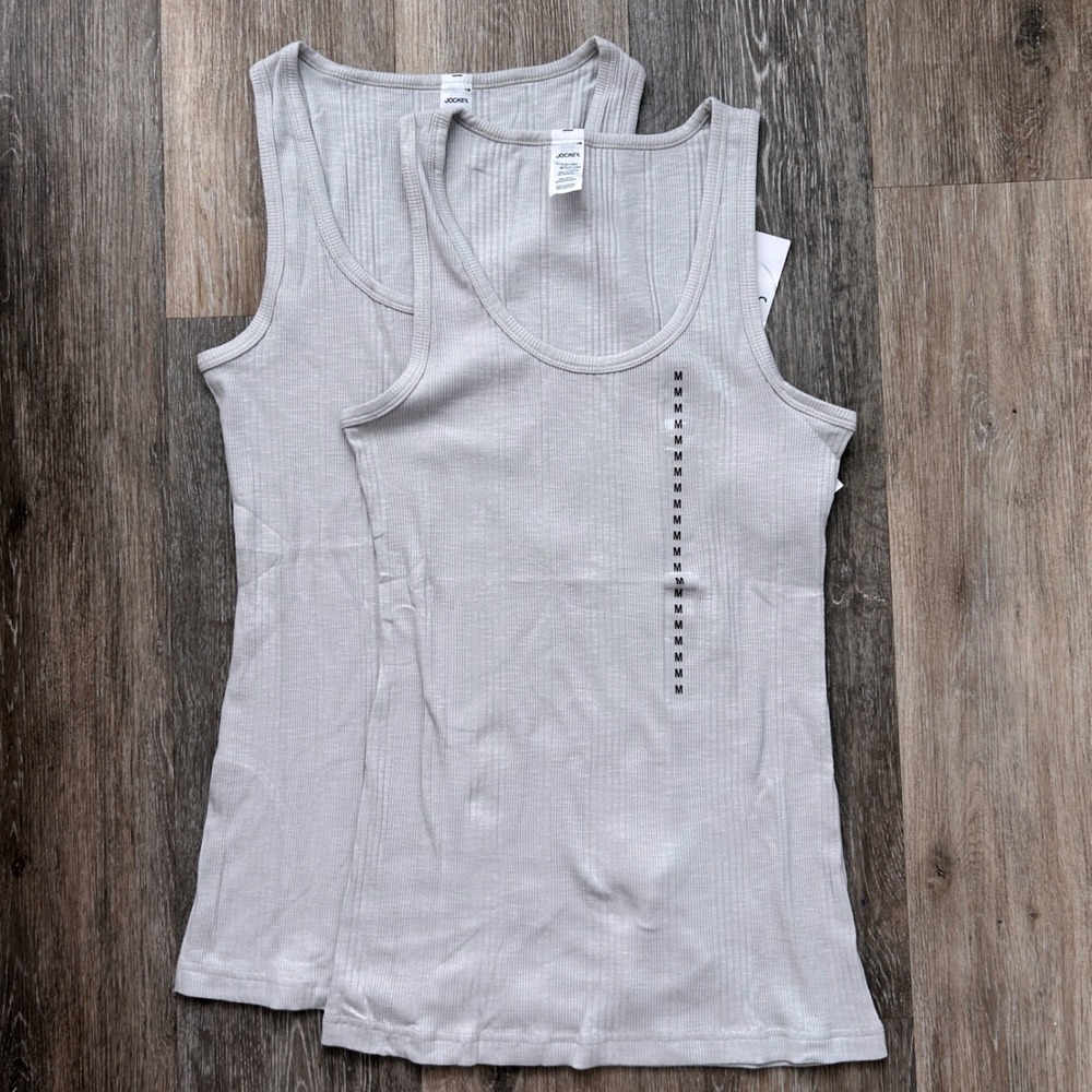 Jockey Ribbed Tank Top Wms M Lot Of 2 Gray Cotton Stretch Knit Athleisure Layer